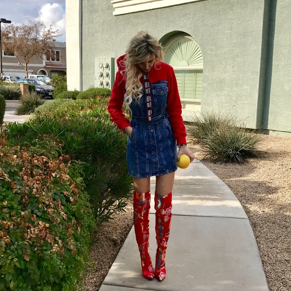 Cape Robbin Vibrant Red Floral Over-the-Knee Boots